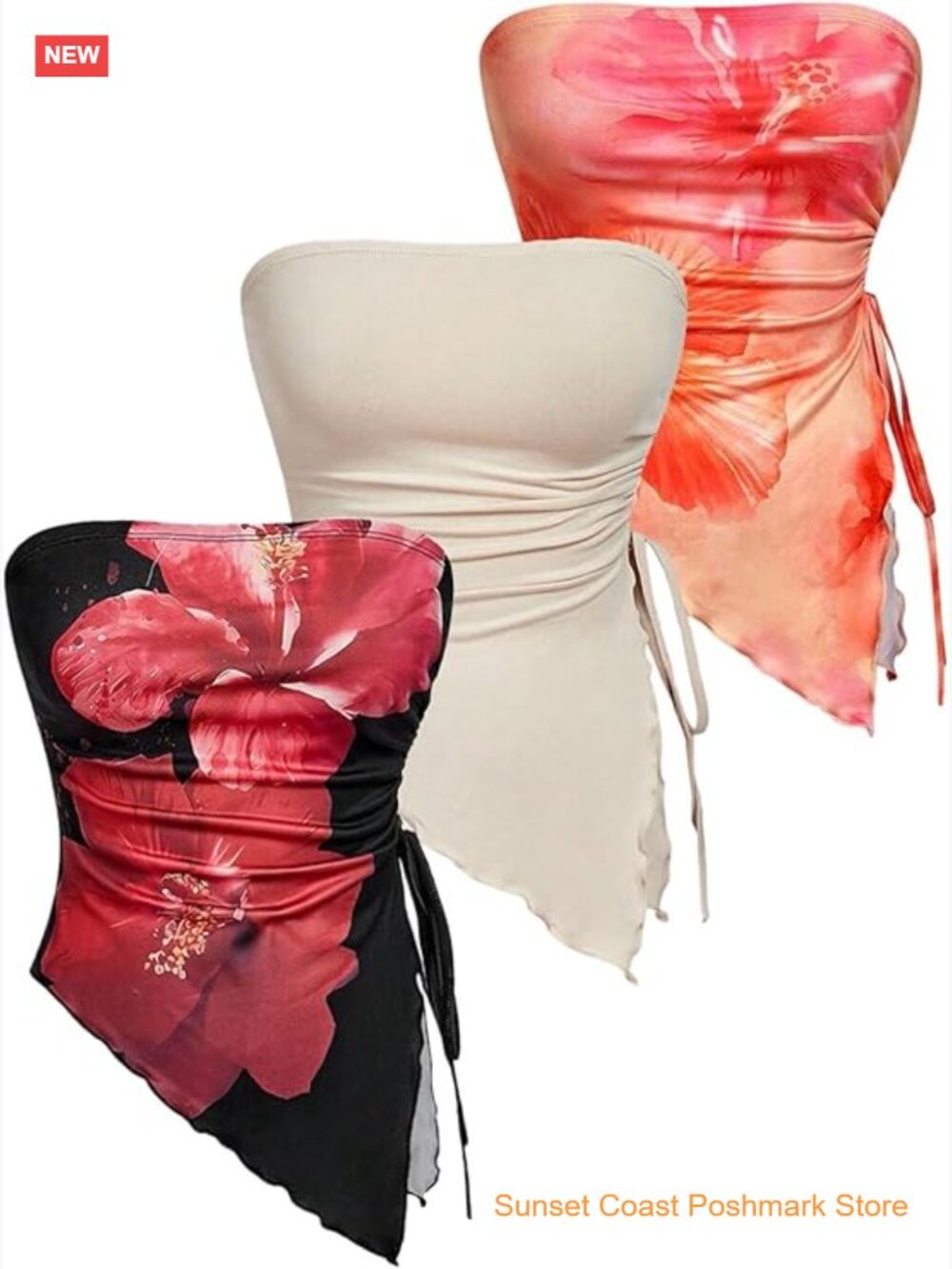 Strapless Floral Print Tube Top 3 Pack Asymmetrical Summer Tanks